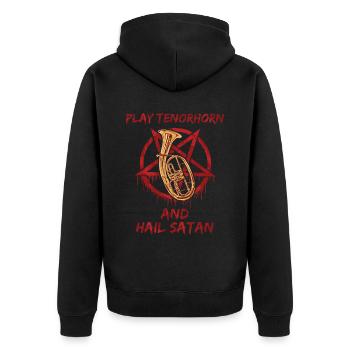 Play Tenorhorn and Hail satan - Unisex Premium Bio Zip Hoodie - Schwarz - Hinten - Nico (187cm)