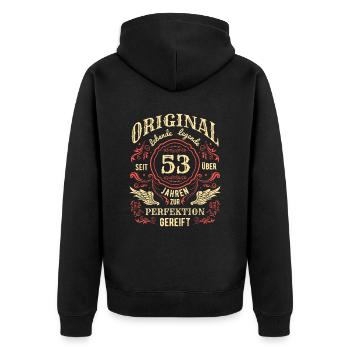 Original Lebende Legende Seit Über 53 Jahren - Unisex Premium Bio Zip Hoodie - Schwarz - Hinten - Nico (187cm)