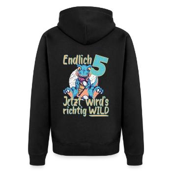 5. Geburtstag 5 Jahre Dino Dinosaurier T-rex Trex - Unisex Premium Bio Zip Hoodie - Schwarz - Hinten - Nico (187cm)