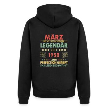 65. Geburtstag März Jahrgang 1958 Vintage - Unisex Premium Bio Zip Hoodie - Schwarz - Hinten - Nico (187cm)