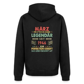 77. Geburtstag März Jahrgang 1946 Vintage - Unisex Premium Bio Zip Hoodie - Schwarz - Hinten - Nico (187cm)