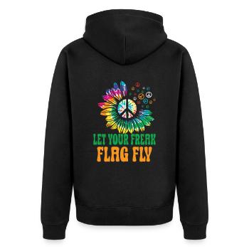 Hippie Peace Zeichen Frieden Blumen Blumenkind - Unisex Premium Bio Zip Hoodie - Schwarz - Hinten - Nico (187cm)