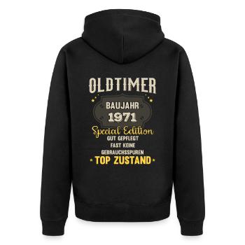 Oldtimer Baujahr 1971 - 52. Geburtstag - Unisex Premium Bio Zip Hoodie - Schwarz - Hinten - Nico (187cm)