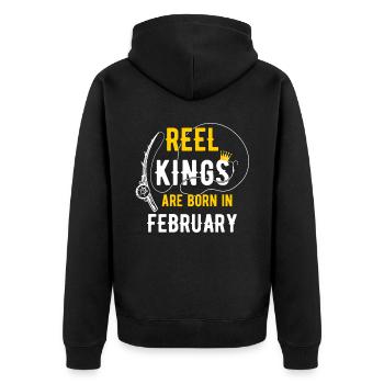 Reel Kings Are Born in February Fisherman Birthday - Unisex Premium Organic Zip Hoodie - black - Back - Nico (187cm)
