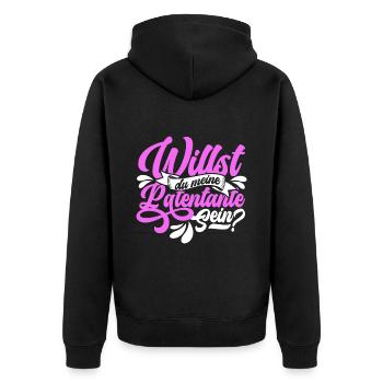 Willst du meine Patentante sein? Patenfrage dunkel - Unisex Premium Bio Zip Hoodie - Schwarz - Hinten - Nico (187cm)