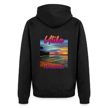 Utila, Honduras Sonnenuntergang - Unisex Premium Bio Zip Hoodie - Schwarz - Hinten - Nico (187cm)