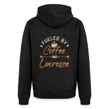 Fueled by Coffee and Lacrosse Intercrosse Trainer - Unisex Premium Bio Zip Hoodie - Schwarz - Hinten - Nico (187cm)