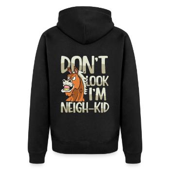 Don't Look I'm Neigh Kid für eine Reiterin Reiter - Unisex Premium Bio Zip Hoodie - Schwarz - Hinten - Nico (187cm)