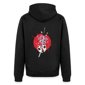 Anime Maske Kitsune Samurai Oni Monster - Unisex Premium Bio Zip Hoodie - Schwarz - Hinten - Nico (187cm)