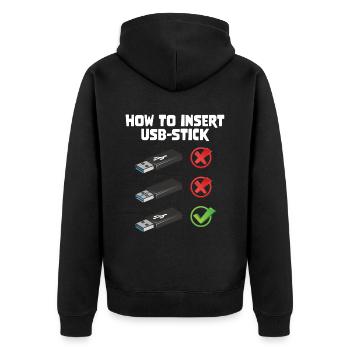 How To Insert USB Stick Funny Programmer Meme - Unisex Premium Bio Zip Hoodie - Schwarz - Hinten - Nico (187cm)