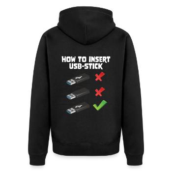 How To Insert USB Stick Funny Programmer Meme - Unisex Premium Bio Zip Hoodie - Schwarz - Hinten - Nico (187cm)