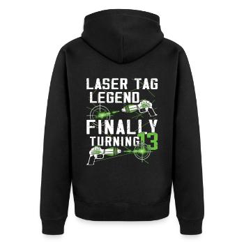 Endlich 13 Jahre Alt – Lasertag Geburtstag - Unisex Premium Bio Zip Hoodie - Schwarz - Hinten - Nico (187cm)