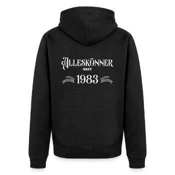Alleskönner seit 1983. Lustiges Jahrgangs - Unisex Premium Bio Zip Hoodie - Schwarz - Hinten - Nico (187cm)