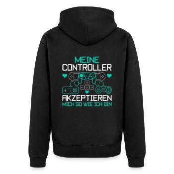 Meine Controller akzeptieren mich Gamer Spruch - Unisex Premium Bio Zip Hoodie - Schwarz - Hinten - Nico (187cm)