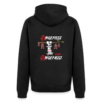 Angepisst von Angepasst Be Different Kuh Anarchie - Unisex Premium Bio Zip Hoodie - Schwarz - Hinten - Nico (187cm)