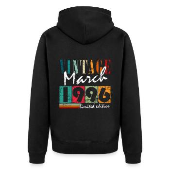 März 1996 | Geburtstagsgeschenk - Unisex Premium Bio Zip Hoodie - Schwarz - Hinten - Nico (187cm)