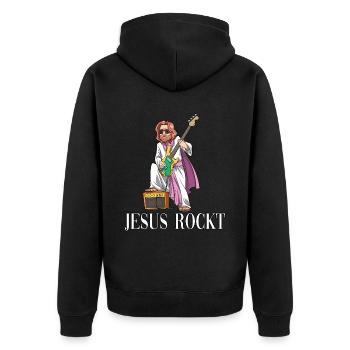 Jesus Rockt für einen Männer und Frauen - Unisex Premium Bio Zip Hoodie - Schwarz - Hinten - Nico (187cm)