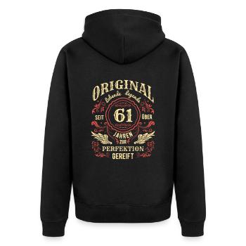 Original Lebende Legende Seit Über 61 Jahren - Unisex Premium Bio Zip Hoodie - Schwarz - Hinten - Nico (187cm)