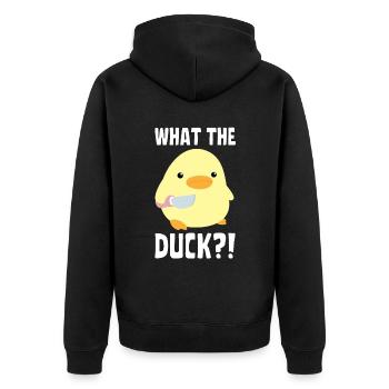 What The Duck? Duck with knife - Ente mit Messer - Unisex Premium Bio Zip Hoodie - Schwarz - Hinten - Nico (187cm)