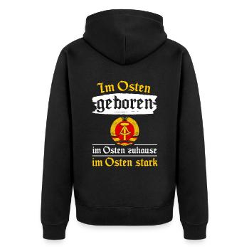 Cooles Ostdeutschland Spruch Motiv - Unisex Premium Bio Zip Hoodie - Schwarz - Hinten - Nico (187cm)