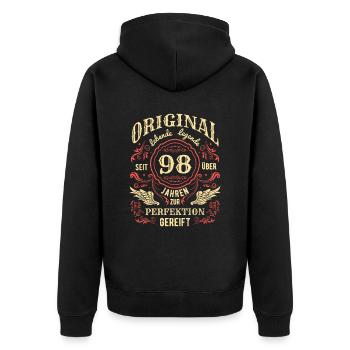 Original Lebende Legende Seit Über 98 Jahren - Unisex Premium Bio Zip Hoodie - Schwarz - Hinten - Nico (187cm)