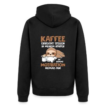 Kaffee erreicht Stellen Motivation Spruch Faultier - Unisex Premium Bio Zip Hoodie - Schwarz - Hinten - Nico (187cm)
