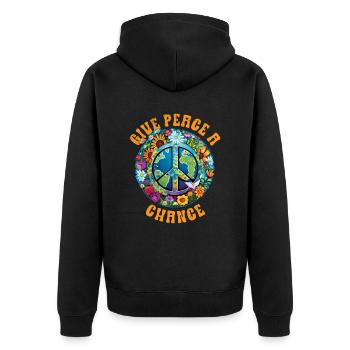 Hippie Peace Zeichen Frieden Blumen Blumenkind - Unisex Premium Bio Zip Hoodie - Schwarz - Hinten - Nico (187cm)
