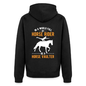 Lustiges Voltigieren auf dem Pferd - Unisex Premium Bio Zip Hoodie - Schwarz - Hinten - Nico (187cm)