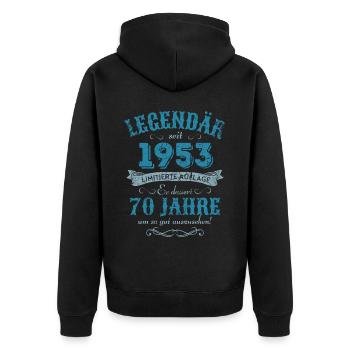 70. Geburtstag Vintage 1953 - Unisex Premium Bio Zip Hoodie - Schwarz - Hinten - Nico (187cm)
