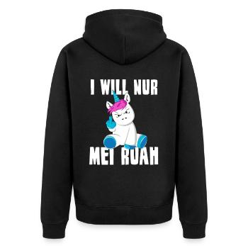 I WILL NUR MEI RUAH Einhorn Spruch Dialekt - Unisex Premium Bio Zip Hoodie - Schwarz - Hinten - Nico (187cm)