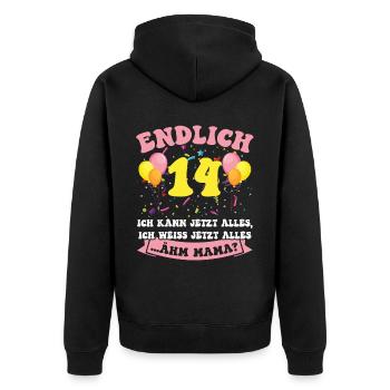 Endlich 14 - Ich kann jetzt alles - 14. Geburtstag - Unisex Premium Bio Zip Hoodie - Schwarz - Hinten - Nico (187cm)