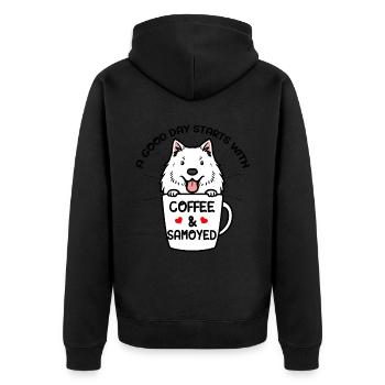 Café et chien Samoyède Samoyedenspitz - Veste à capuche bio Premium Unisexe - noir - Dos - Nico (187cm)