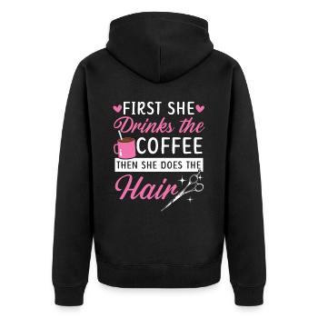 D’abord, elle boit le café, puis elle se coiffe - Veste à capuche bio Premium Unisexe - noir - Dos - Nico (187cm)