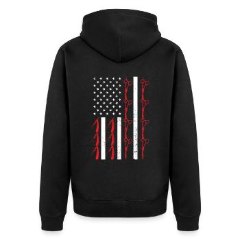 Drapeau des États-Unis Coupe de cheveux Barbier Barbier 4 Juillet - Veste à capuche bio Premium Unisexe - noir - Dos - Nico (187cm)