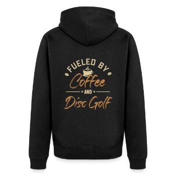 Fueled by Coffee and Disc Golf Disc Golfer - Unisex Premium Bio Zip Hoodie - Schwarz - Hinten - Nico (187cm)