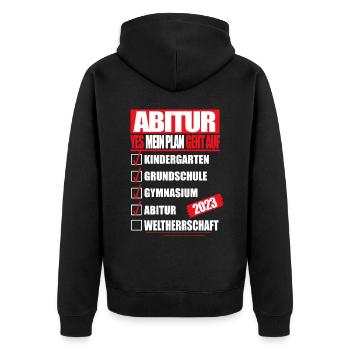 Abi 2023 Abitur bestanden WELTHERRSCHAFT Abitur - Unisex Premium Bio Zip Hoodie - Schwarz - Hinten - Nico (187cm)