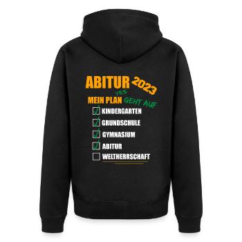 Abi 2023 Abitur Prüfung bestanden WELTHERRSCHAFT - Unisex Premium Bio Zip Hoodie - Schwarz - Hinten - Nico (187cm)