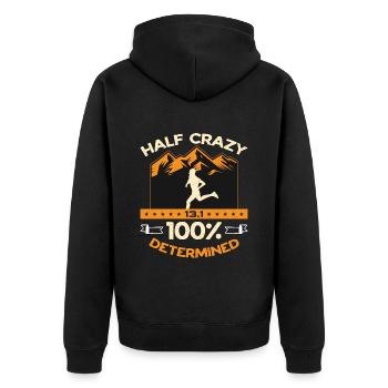 Semi-marathon Half Crazy 13.1 Course déterminée à 100% - Veste à capuche bio Premium Unisexe - noir - Dos - Nico (187cm)
