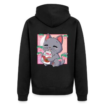 Kawaii Katze Erdbeermilch - Unisex Premium Bio Zip Hoodie - Schwarz - Hinten - Nico (187cm)