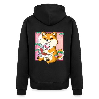 Kawaii Shiba Inu Hund Erdbeermilch - Unisex Premium Bio Zip Hoodie - Schwarz - Hinten - Nico (187cm)