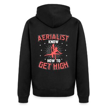 Aerial Silk / Aerial Yoga / Luftakrobatik Designs - Unisex Premium Bio Zip Hoodie - Schwarz - Hinten - Nico (187cm)