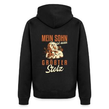 Cooler Vater und Sohn Spruch - Unisex Premium Bio Zip Hoodie - Schwarz - Hinten - Nico (187cm)