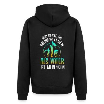 Cooler Vater und Sohn Spruch - Unisex Premium Bio Zip Hoodie - Schwarz - Hinten - Nico (187cm)