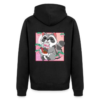 Kawaii Waschbär Erdbeermilch - Unisex Premium Bio Zip Hoodie - Schwarz - Hinten - Nico (187cm)