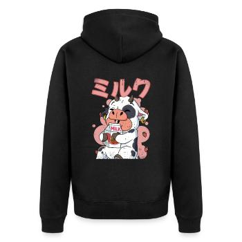Kawaii Kuh Erdbeermilch - Unisex Premium Bio Zip Hoodie - Schwarz - Hinten - Nico (187cm)