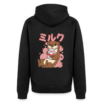 Kawaii Otter Erdbeermilch - Unisex Premium Bio Zip Hoodie - Schwarz - Hinten - Nico (187cm)