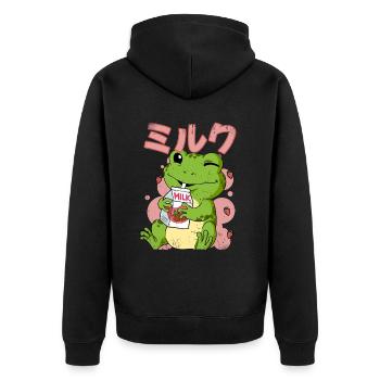 Kawaii Frosch Erdbeermilch - Unisex Premium Bio Zip Hoodie - Schwarz - Hinten - Nico (187cm)