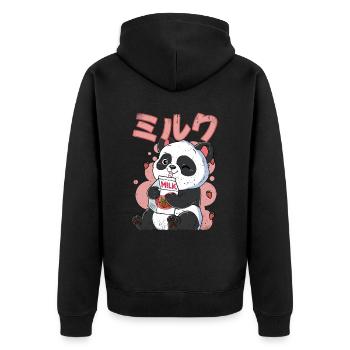 Kawaii Panda Erdbeermilch - Unisex Premium Bio Zip Hoodie - Schwarz - Hinten - Nico (187cm)