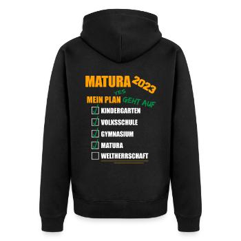 Matura 2023 Abitur bestanden WELTHERRSCHAFT Matura - Unisex Premium Bio Zip Hoodie - Schwarz - Hinten - Nico (187cm)