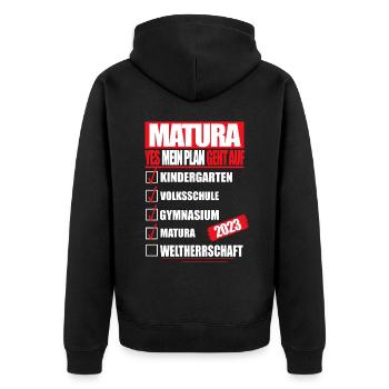 Matura 2023 Abitur bestanden WELTHERRSCHAFT Matura - Unisex Premium Bio Zip Hoodie - Schwarz - Hinten - Nico (187cm)